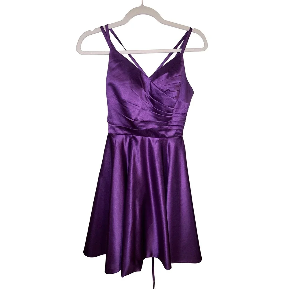 Purple Satin A-Line Dress Criss-Cross Back Date Night Prom Wedding Sz 5/7 - Picture 3 of 6